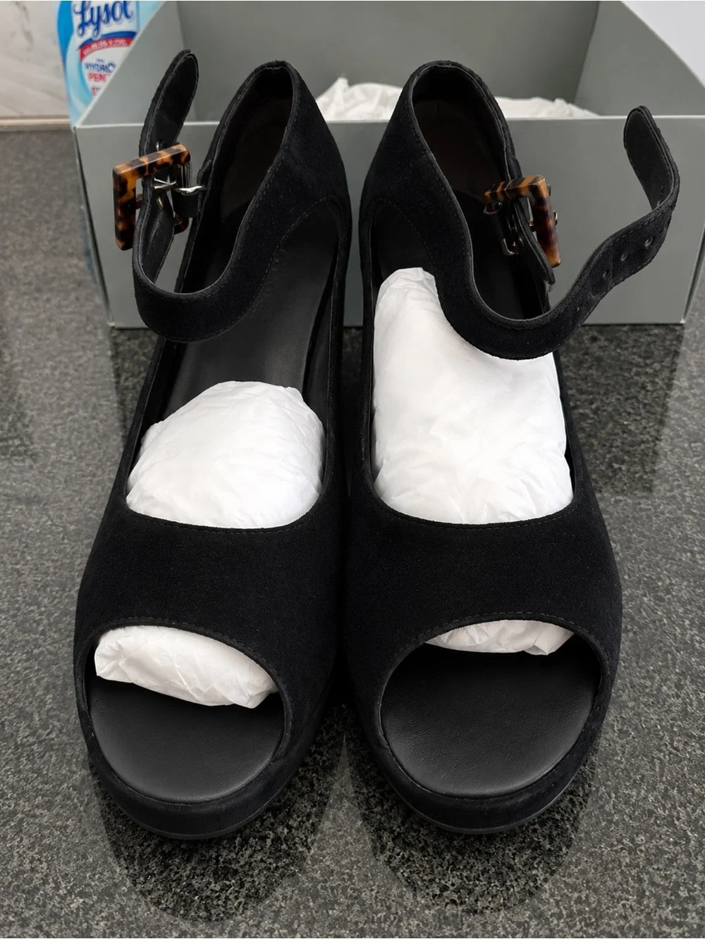 Johnston & Murphy Tricia Black Suede Ankle Strap Wedge Sandals Size 9